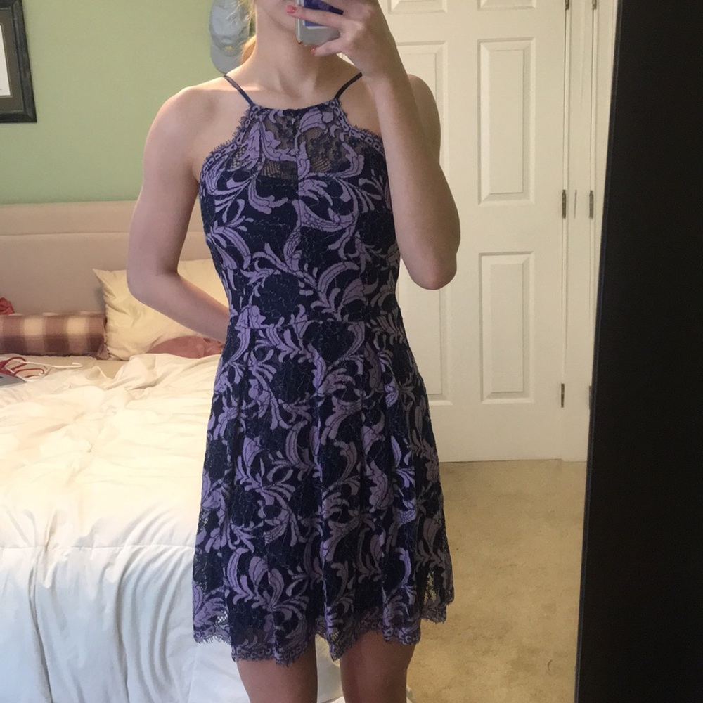 halter neck lace flower print dress
